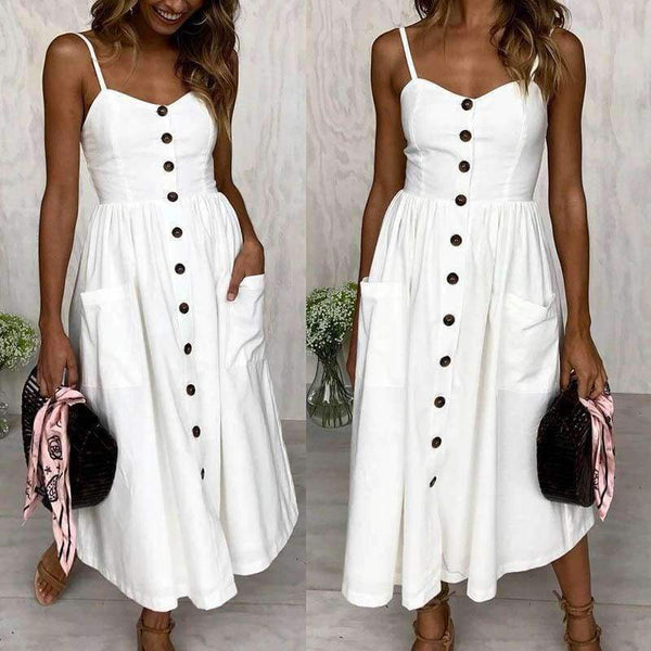 Planet Gates WHITE ISLAND 2018 New Fashion Sleeveless Backless Sexy Summer Dress Women Pure Color Single Button Off Shoulder Dress D004