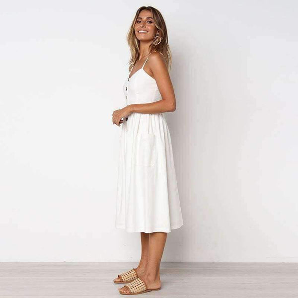Planet Gates WHITE ISLAND 2018 New Fashion Sleeveless Backless Sexy Summer Dress Women Pure Color Single Button Off Shoulder Dress D004