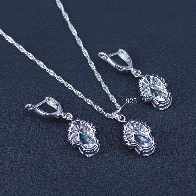 Planet Gates White Jewelry Sets Water Drop Cubic Zirconia CZ Stone 925 Sterling Silver Earrings Necklaces Finger Rings
