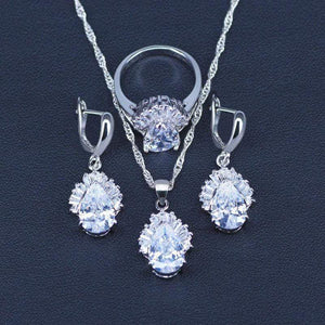 Planet Gates White Jewelry Sets Water Drop Cubic Zirconia CZ Stone 925 Sterling Silver Earrings Necklaces Finger Rings