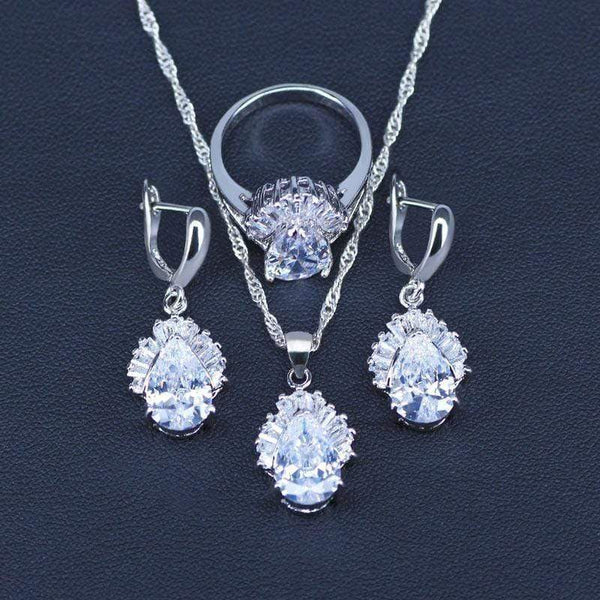 Planet Gates White Jewelry Sets Water Drop Cubic Zirconia CZ Stone 925 Sterling Silver Earrings Necklaces Finger Rings