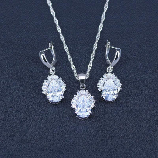 Planet Gates White Jewelry Sets Water Drop Cubic Zirconia CZ Stone 925 Sterling Silver Earrings Necklaces Finger Rings