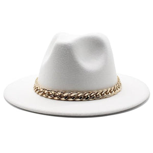 Planet Gates White / L(58-60cm) American Big Chain Fedoras Faux Woolen Brim Felt Cap Jazz Men Women Hat