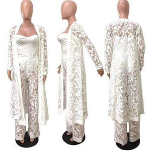 Planet Gates White / L Autumn Winter Outfits Lace 3 Piece Set Women Long Cardigan + Crop Top + White Lace Pants Set Three Piece Outfits Women Set