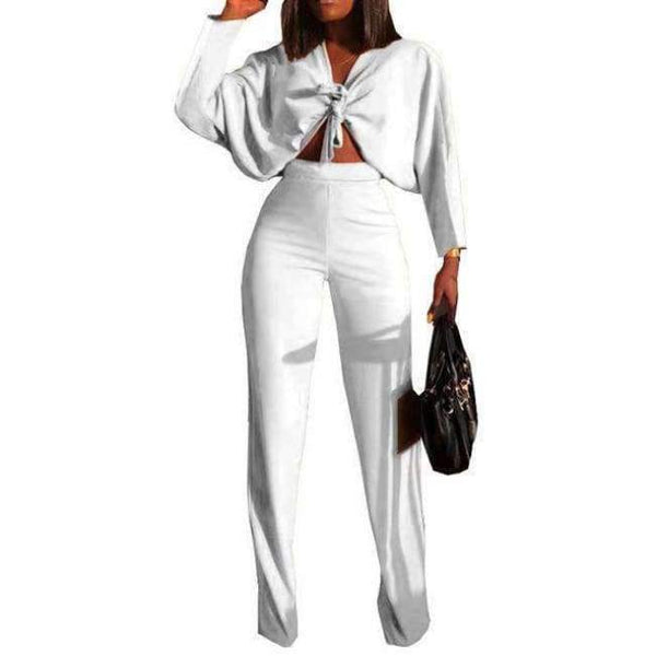 Planet Gates White / L Autumn Women Solid Sets 2pcs Women Set Bow Cross Crop Top Sweatshirt + Slim Pants 2 Pieces Sets Women Clothing Suits Female