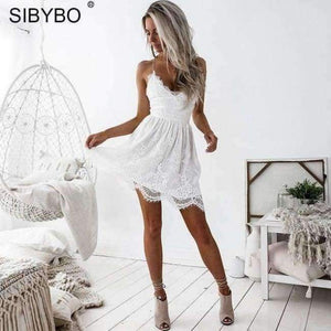 Planet Gates White / L Backless Spaghetti Strap Sexy Lace Dress Women Sleeveless V-Neck Loose Summer Dress Cotton Black Elegant Party Dresses