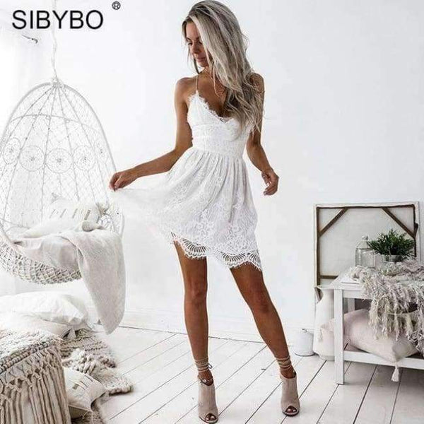 Planet Gates White / L Backless Spaghetti Strap Sexy Lace Dress Women Sleeveless V-Neck Loose Summer Dress Cotton Black Elegant Party Dresses