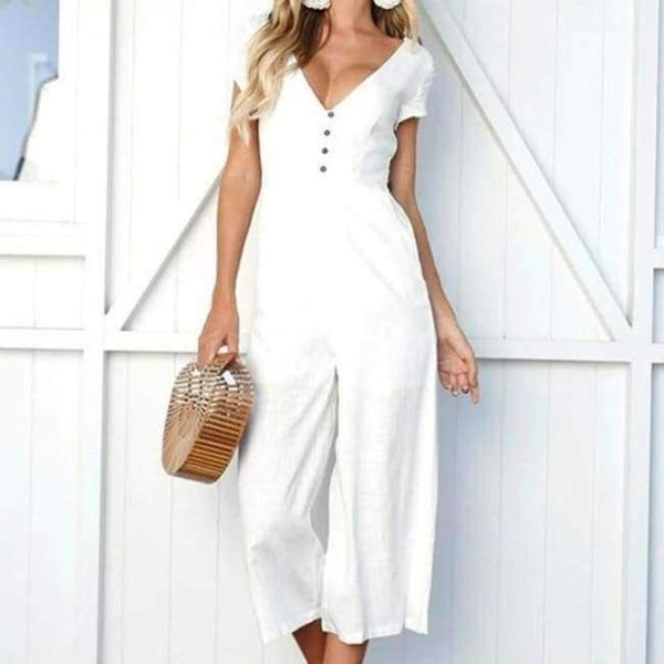 Planet Gates White / L / China Summer womens romper  V-Neck Short Sleeve Strappy Holiday Long Playsuits Trouser Jumpsuit mamelucos womens jumpsuit  x3067
