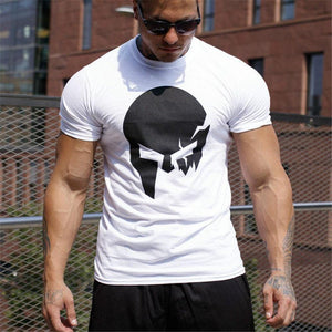 Fashion Skull Print Cotton T Shirt Men Gyms Fitness Slim T-shirt Man Summer New Casual Short Sleeve Tee Tops Male Brand Clothing