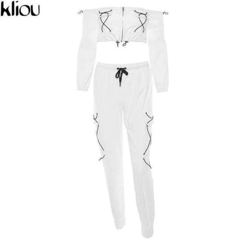 Planet Gates White / L Neck Off Shoulder Women Two Pieces Sets 2018 Autumn Zipper Bandage Crop Tops Drawstring High Waist Pants Tanksuits