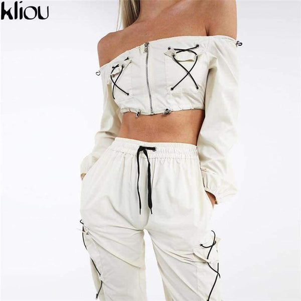 Planet Gates White / L Neck Off Shoulder Women Two Pieces Sets 2018 Autumn Zipper Bandage Crop Tops Drawstring High Waist Pants Tanksuits
