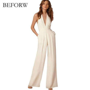 Planet Gates White / L New Casual Wedding Jumpsuit Sexy Sleeveless Halter Elegant Jumpsuit Ladies Coverall Deep V Sexy Halter Jumpsuit