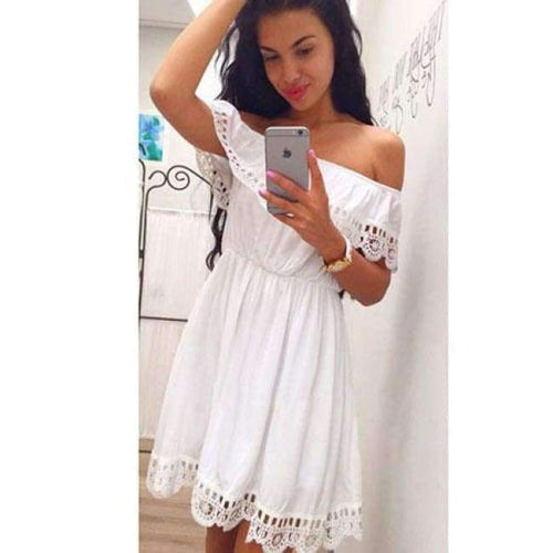 Planet Gates White / L Off Shoulder Ruffles Dress Women 2018 Summer Lace One shoulder Sundresses Beach Casual Shirt Short Mini Party Dresses