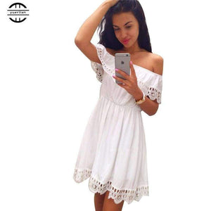 Planet Gates White / L Off Shoulder Ruffles Dress Women 2018 Summer Lace One shoulder Sundresses Beach Casual Shirt Short Mini Party Dresses