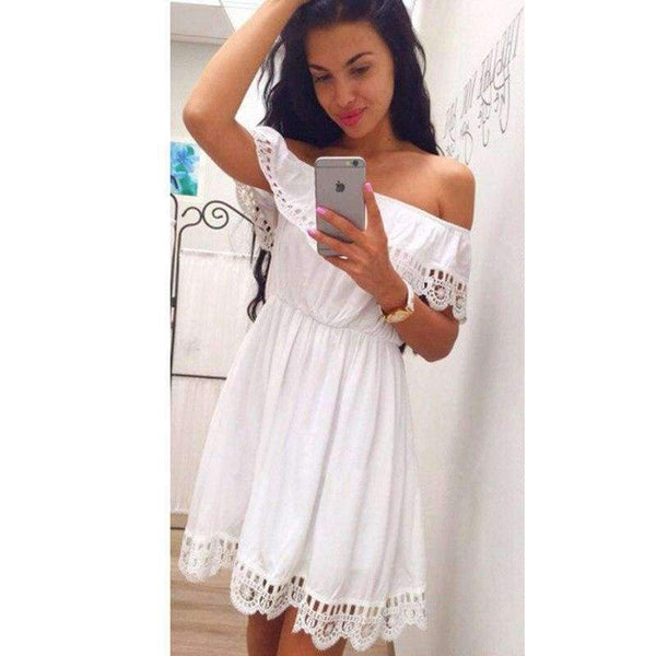 Planet Gates White / L Off Shoulder Ruffles Dress Women 2018 Summer Lace One shoulder Sundresses Beach Casual Shirt Short Mini Party Dresses