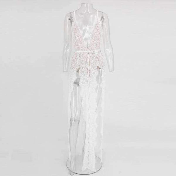 Planet Gates White / L Sleeveless Women Summer Lace Beach Dress Swimwear Women Halter Maxi Dress Deep V Split Casual Sexy Party Women Dress