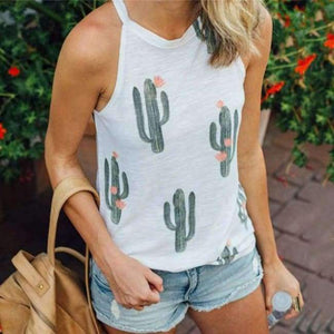 Planet Gates White / L Summer Fashion Women O-neck Tops Cactus Pattern Printed Sleeveless Casual Tank Top Vest Female Camisole Tee