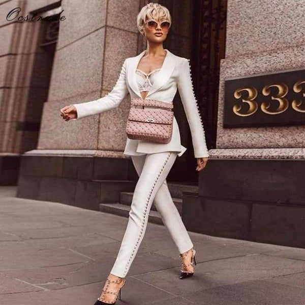 Planet Gates White / L Summer Runway New Fashion Deep-v neck Elegant Formal White Evening Pant Suits for Women Suits 2 Pieces Set