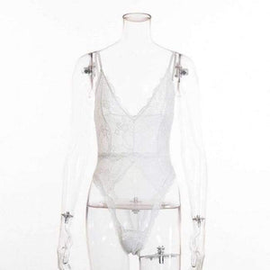Planet Gates white / L V neck transparent mesh plunge lace bodysuit sexy bodycon jumpsuits for women 2018 hot teddy catsuit body mujer