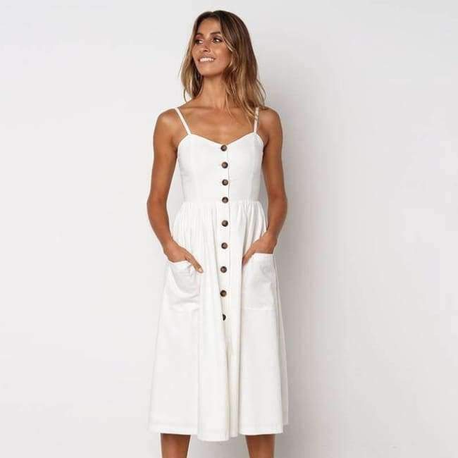 Planet Gates WHITE ISLAND 2018 New Fashion Sleeveless Backless Sexy Summer Dress Women Pure Color Single Button Off Shoulder Dress D004