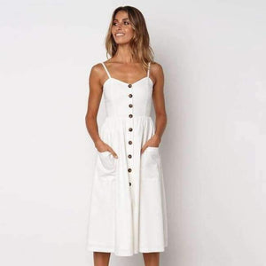 Planet Gates white / L WHITE ISLAND 2018 New Fashion Sleeveless Backless Sexy Summer Dress Women Pure Color Single Button Off Shoulder Dress D004