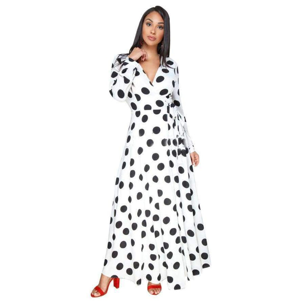Planet Gates white / L Women Fashion Sexy Polka Dot Long Sleeve V-neck Print Dress Ladies Black White Loose Dresses Feminine Plus Size
