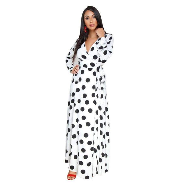Planet Gates white / L Women Fashion Sexy Polka Dot Long Sleeve V-neck Print Dress Ladies Black White Loose Dresses Feminine Plus Size