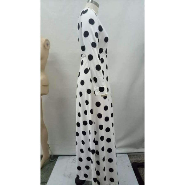 Planet Gates white / L Women Fashion Sexy Polka Dot Long Sleeve V-neck Print Dress Ladies Black White Loose Dresses Feminine Plus Size