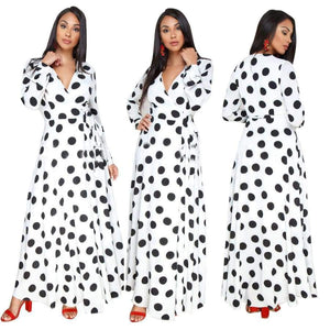 Planet Gates white / L Women Fashion Sexy Polka Dot Long Sleeve V-neck Print Dress Ladies Black White Loose Dresses Feminine Plus Size