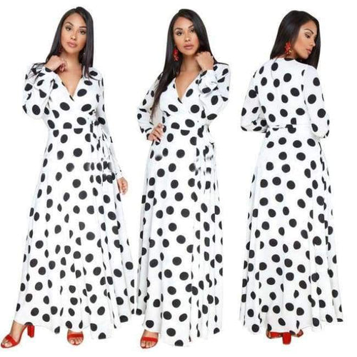 Planet Gates white / L Women Fashion Sexy Polka Dot Long Sleeve V-neck Print Dress Ladies Black White Loose Dresses Feminine Plus Size