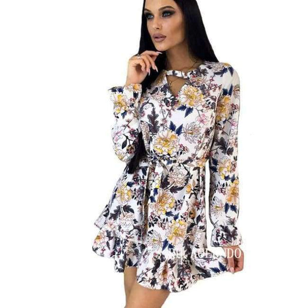 Planet Gates White / L Women Floral Printing Choker V-Neck Autumn Dress 2018 Ruffles Sashes Long Sleeve Casual Dress Mini Party Dresses
