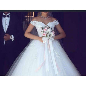 Planet Gates White Lace Appliques Ball Gown Cheap Wedding Dresses 2018 Off The Shoulder Short Sleeves Bridal Dresses Wedding Gowns