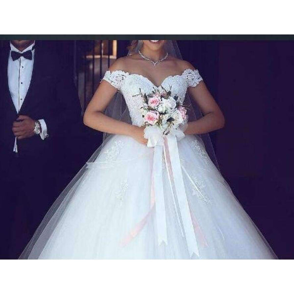 Planet Gates White Lace Appliques Ball Gown Cheap Wedding Dresses 2018 Off The Shoulder Short Sleeves Bridal Dresses Wedding Gowns