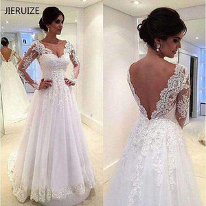 Planet Gates White Lace Appliques long Sleeves Wedding Dresses 2018 Backless Bridal Dresses Beach Wedding Gowns  robe de mariee