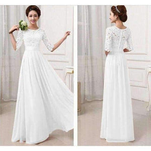 Planet Gates White long dress / XXL Girl Long Wedding Party Dress 2018 Women White Hollow Bridesmaid Half Sleeve Pleated Chiffon Maxi Lace Dresses New Autumn