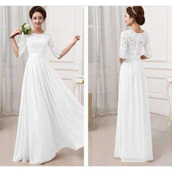 Planet Gates White long dress / XXL Girl Long Wedding Party Dress 2018 Women White Hollow Bridesmaid Half Sleeve Pleated Chiffon Maxi Lace Dresses New Autumn