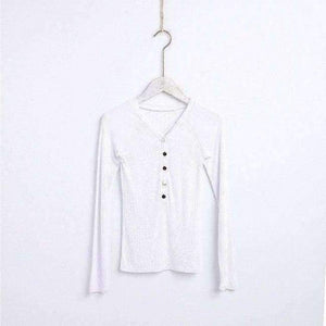 Planet Gates white / M Basic V Neck Women Cotton T-shirts Female Casual Tops Long Sleeve T-shirt Women Soft Elegant Knit Top Tees With Button