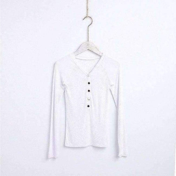 Planet Gates white / M Basic V Neck Women Cotton T-shirts Female Casual Tops Long Sleeve T-shirt Women Soft Elegant Knit Top Tees With Button