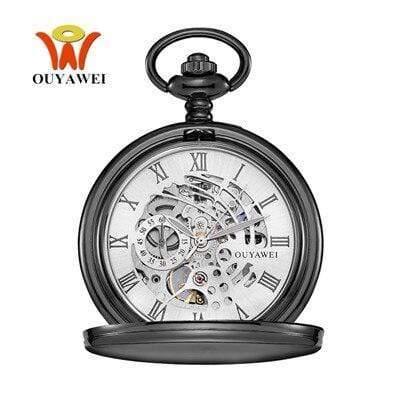 Planet Gates White Mechanical Hand Wind Pocket Watch Silver Black Stainless Steel Case Water Resistant Hombre Watch Men