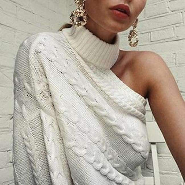 Planet Gates White / One Size Sexy Off One Shoulder Turtleneck Sweater Women Elegant Twist Long Sleeve Winter Sweaters And Pullovers Pull Femme