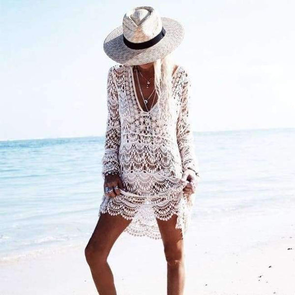 Planet Gates white / One Size Sukibandra Sexy Ladies White Handmade Crochet Summer Beach Lace Dress Women Long Sleeve Hollow Out Boho Bohemian V Neck Dress
