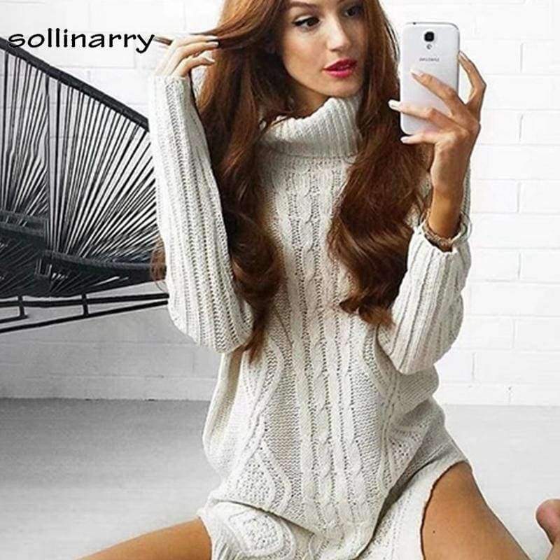 Planet Gates White / One Size Turtleneck Full Sleeve Computer Knitted Long Sweater Street Fashion Women Sweater Winter Solid Pullover Casual Jumper