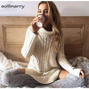 Planet Gates White / One Size Turtleneck Full Sleeve Computer Knitted Long Sweater Street Fashion Women Sweater Winter Solid Pullover Casual Jumper