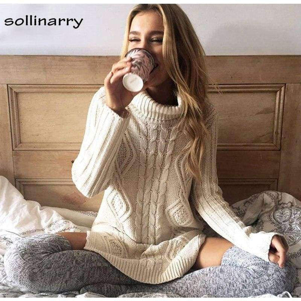 Planet Gates White / One Size Turtleneck Full Sleeve Computer Knitted Long Sweater Street Fashion Women Sweater Winter Solid Pullover Casual Jumper