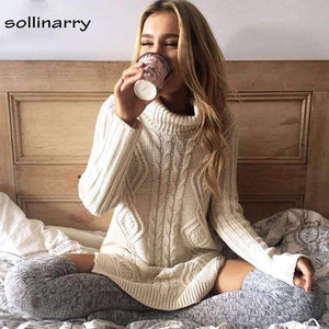 Planet Gates White / One Size Turtleneck Full Sleeve Computer Knitted Long Sweater Street Fashion Women Sweater Winter Solid Pullover Casual Jumper