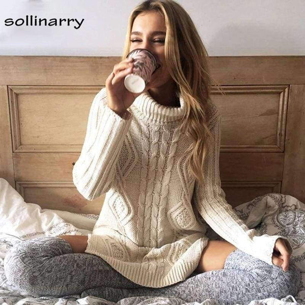 Planet Gates White / One Size Turtleneck Full Sleeve Computer Knitted Long Sweater Street Fashion Women Sweater Winter Solid Pullover Casual Jumper