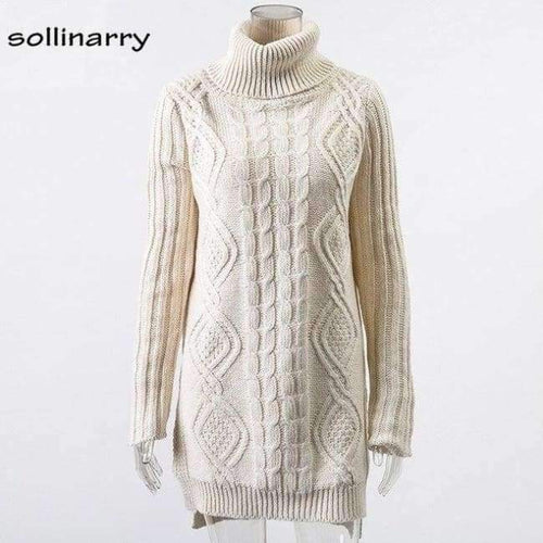 Planet Gates White / One Size Turtleneck Full Sleeve Computer Knitted Long Sweater Street Fashion Women Sweater Winter Solid Pullover Casual Jumper