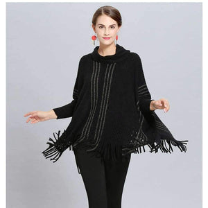 Planet Gates white / One Size Winter Women V Neck Batwing Stripes Fringed Stitching Irregular Tops Poncho Shawl Cape Sweater Blusas Femininas