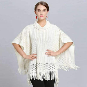 Planet Gates white / One Size Winter Women V Neck Batwing Stripes Fringed Stitching Irregular Tops Poncho Shawl Cape Sweater Blusas Femininas