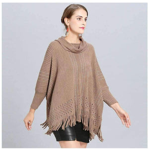 Planet Gates white / One Size Winter Women V Neck Batwing Stripes Fringed Stitching Irregular Tops Poncho Shawl Cape Sweater Blusas Femininas